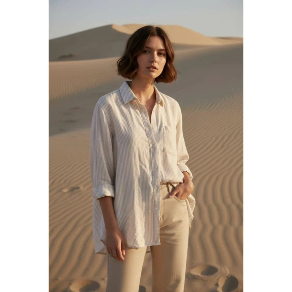 Japna M Tan‎ Beige Striped Boyfriend Button Up Linen Blend Casual Shirt Blouse